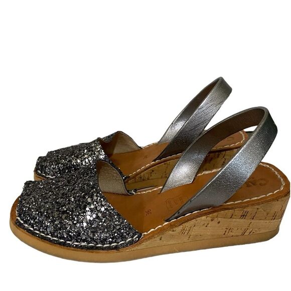 Calaxini Leather Black Silver Glitter Low Wedge Sling Back Sandals Made in Spain - Picture 1 of 12
